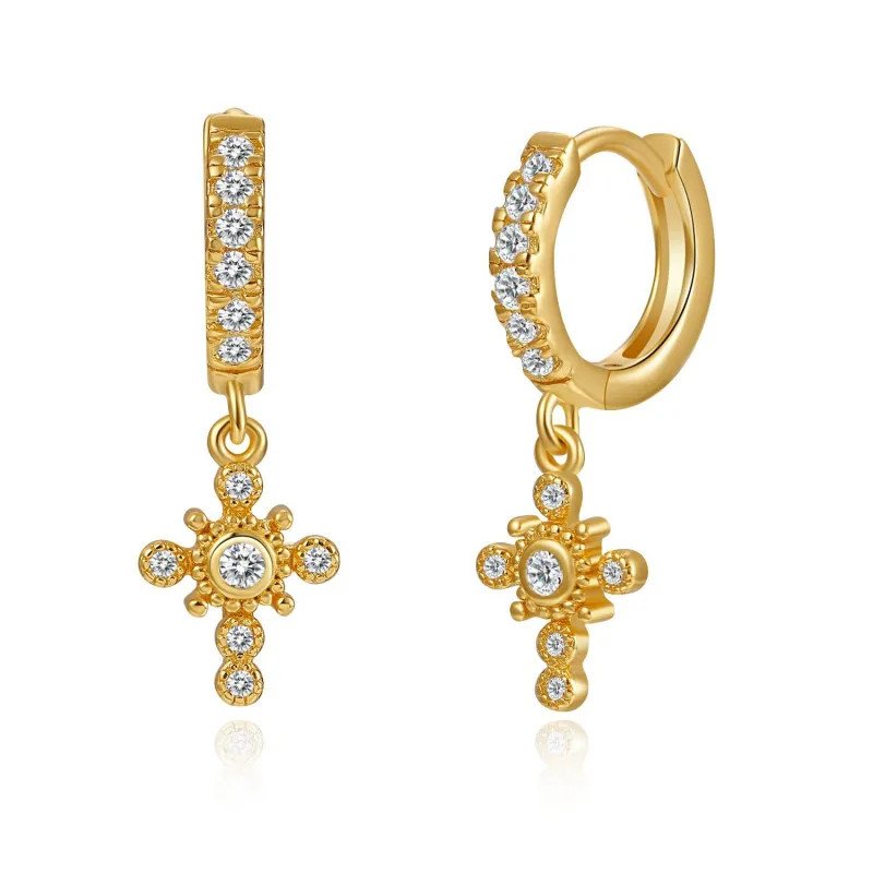 Gold Cross Huggie Earrings with CZ stones.