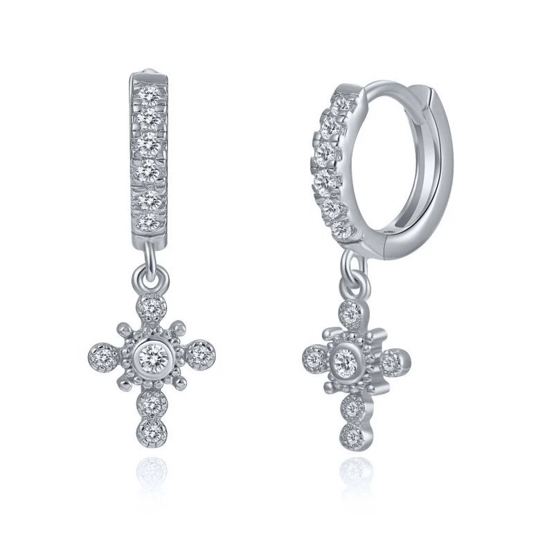 Silver Cross Huggie Earrings with CZ stones.