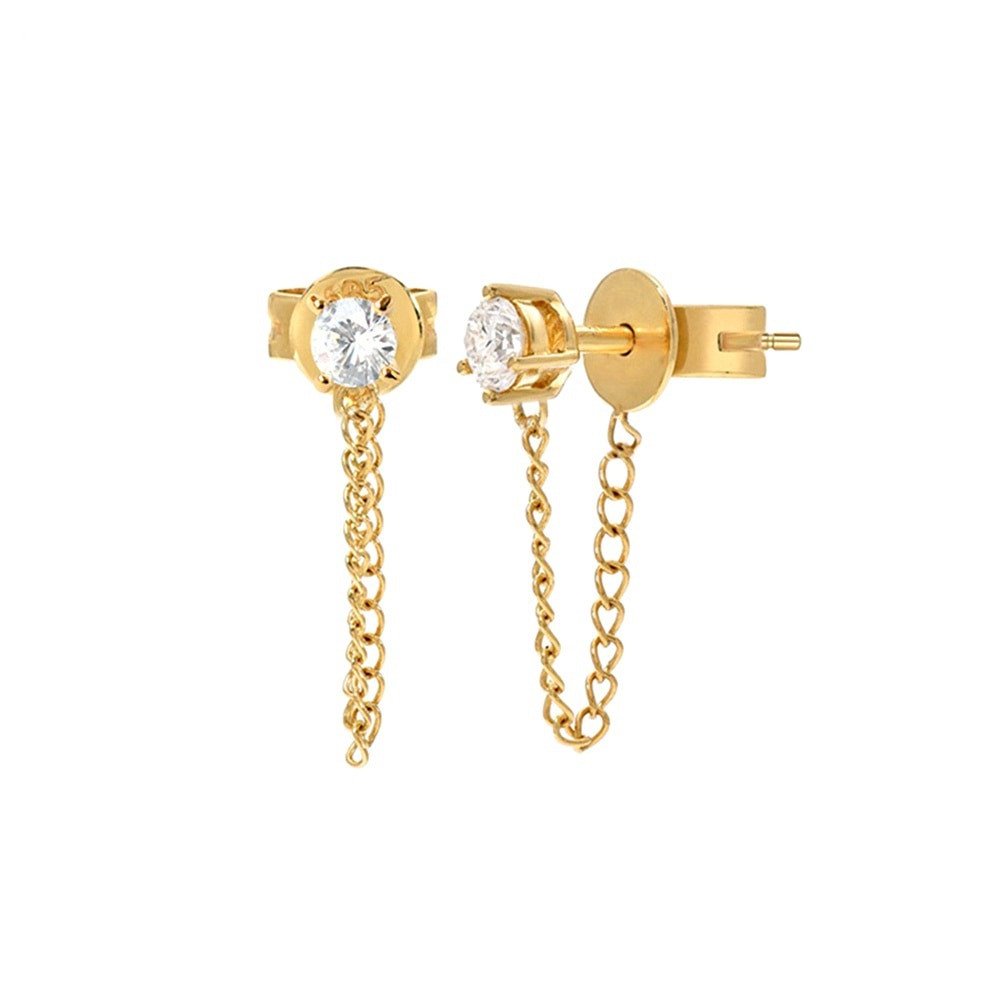 Gold CZ studs with a chain drop design.