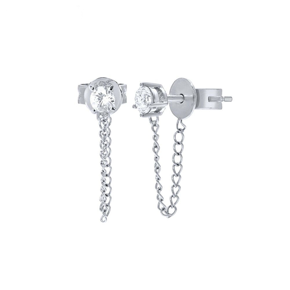 Silver chain drop CZ stud earrings.