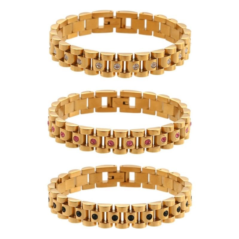 Three CZ Watchband Gold Bracelets.