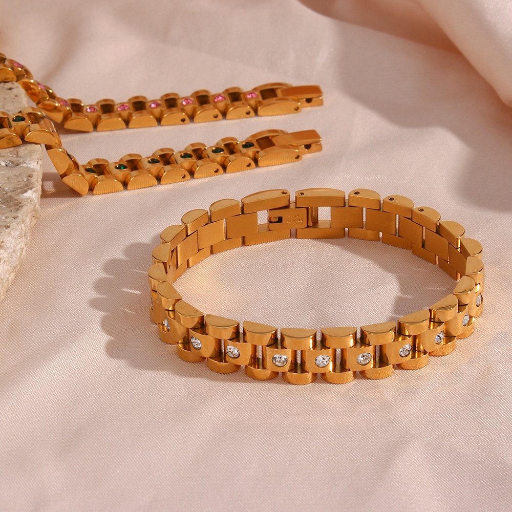 Full view of the CZ Watchband Gold Bracelet.