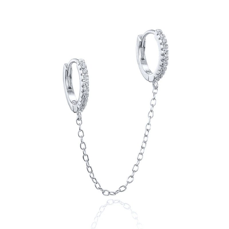 Silver Double Huggie CZ Chain Earring.