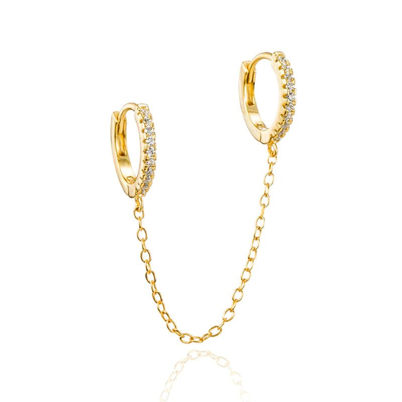 Gold Double Huggie CZ Chain Earring.