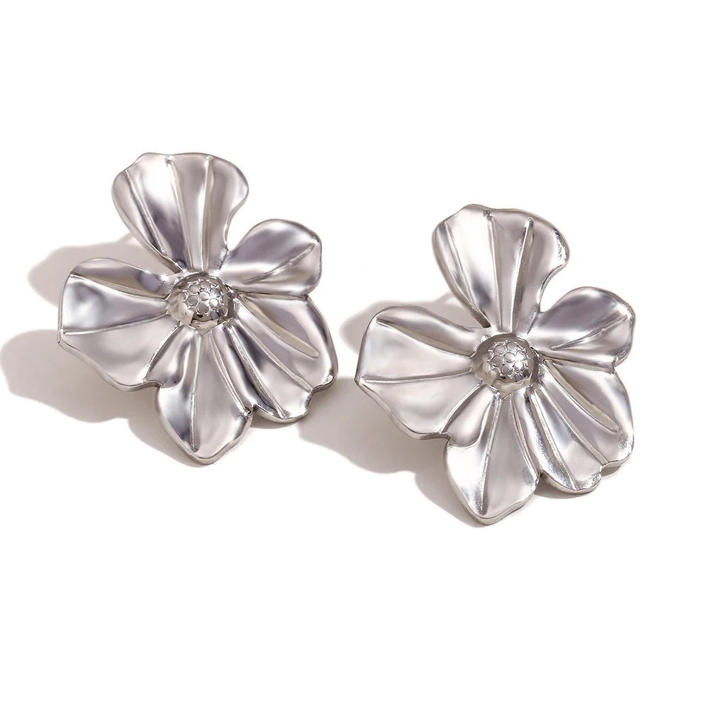 Large silver Flower Statement Earrings.