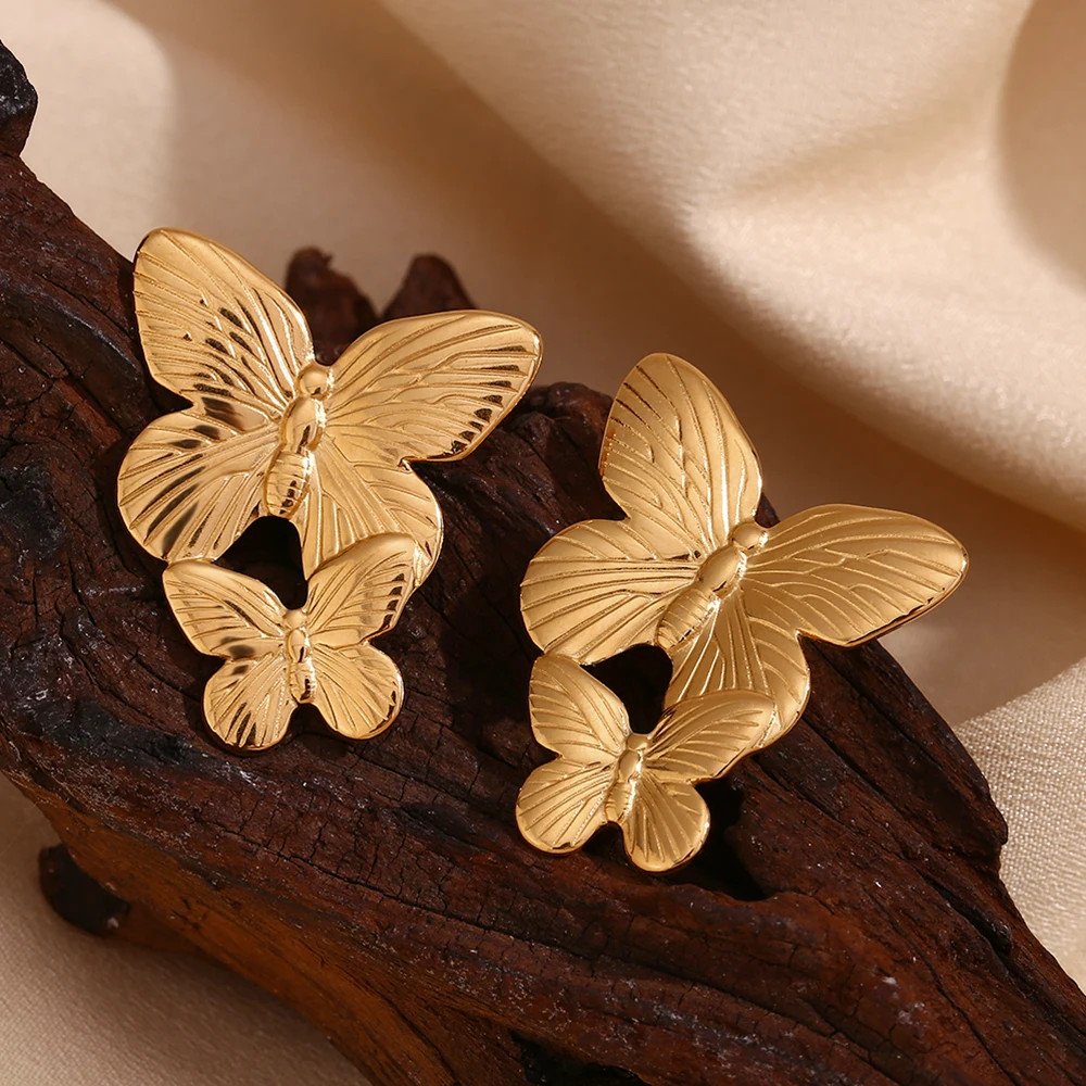 Closeup of the Large Gold Butterfly Earrings.