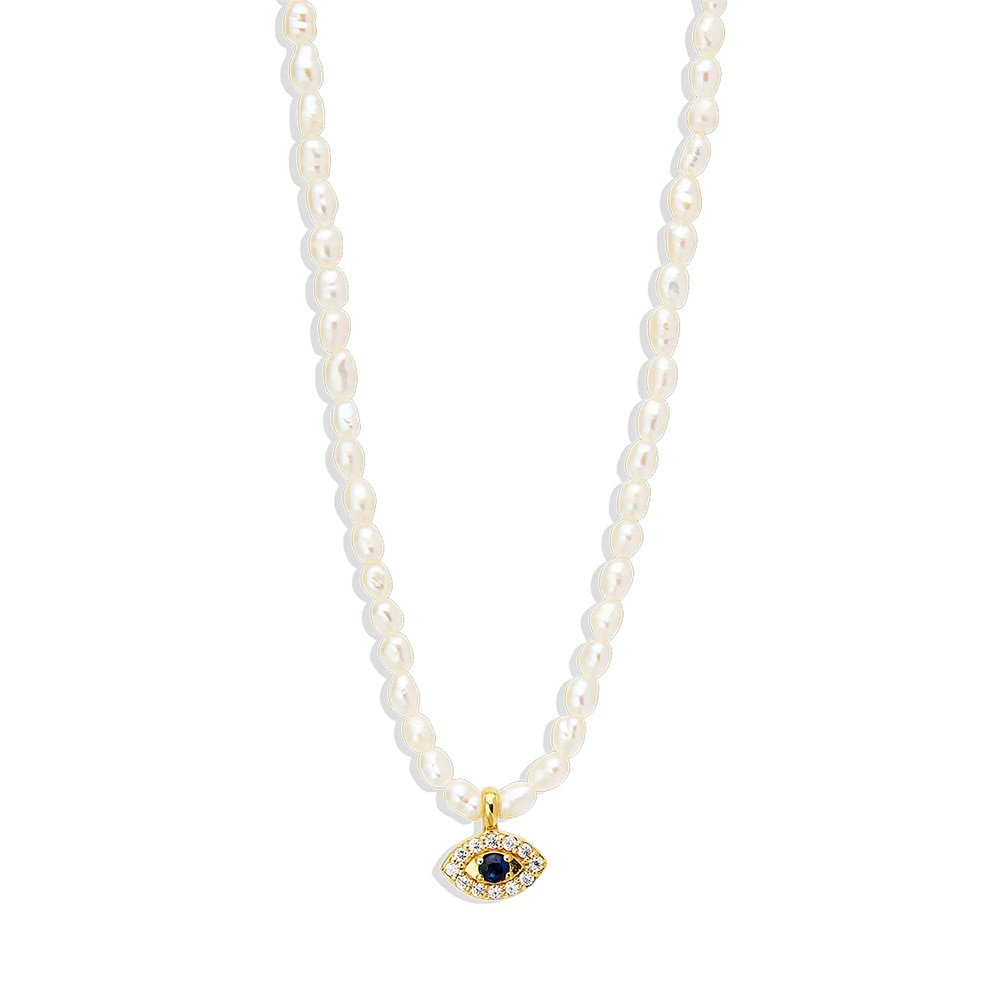 Evil Eye Pearl Charm Gold Necklace.