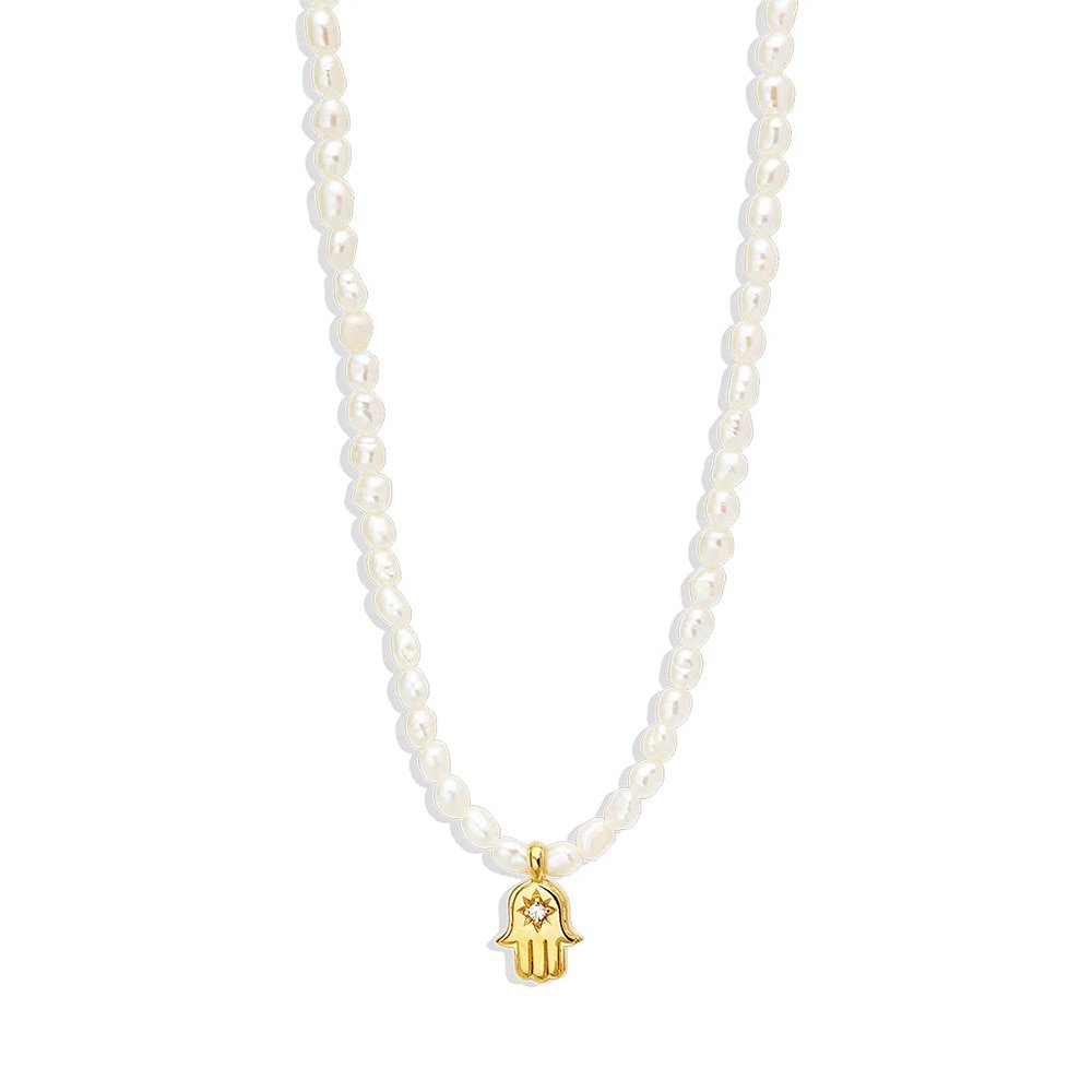 Hamsa Hand Pearl Charm Gold Necklace.