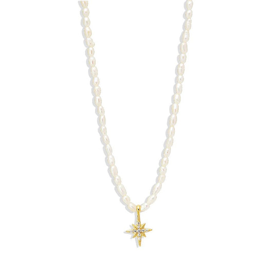 Star Pearl Charm Gold Necklace.