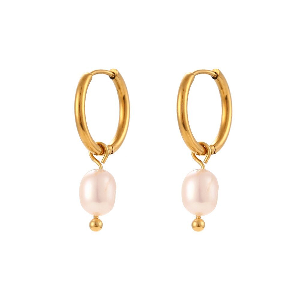 Pearl Dangle Gold Hoops.