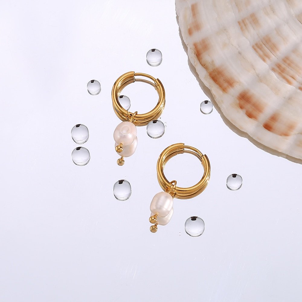 Waterproof Pearl Dangle Gold Hoops.