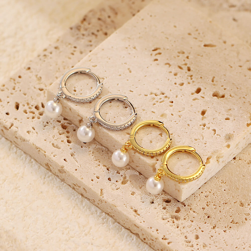 Gold and silver Pearl Drop CZ Huggies.