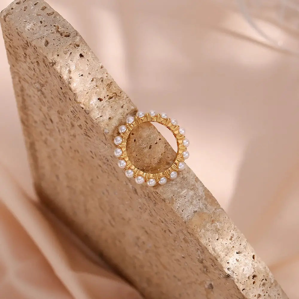 Full view of the Pearl Eternity Gold Ring.