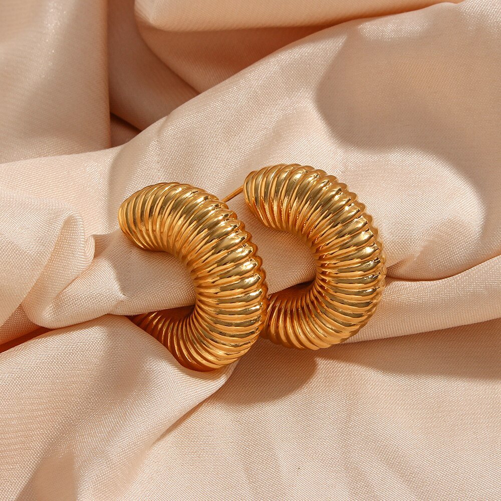 Closeup of the Textured Chunky Gold Hoops.