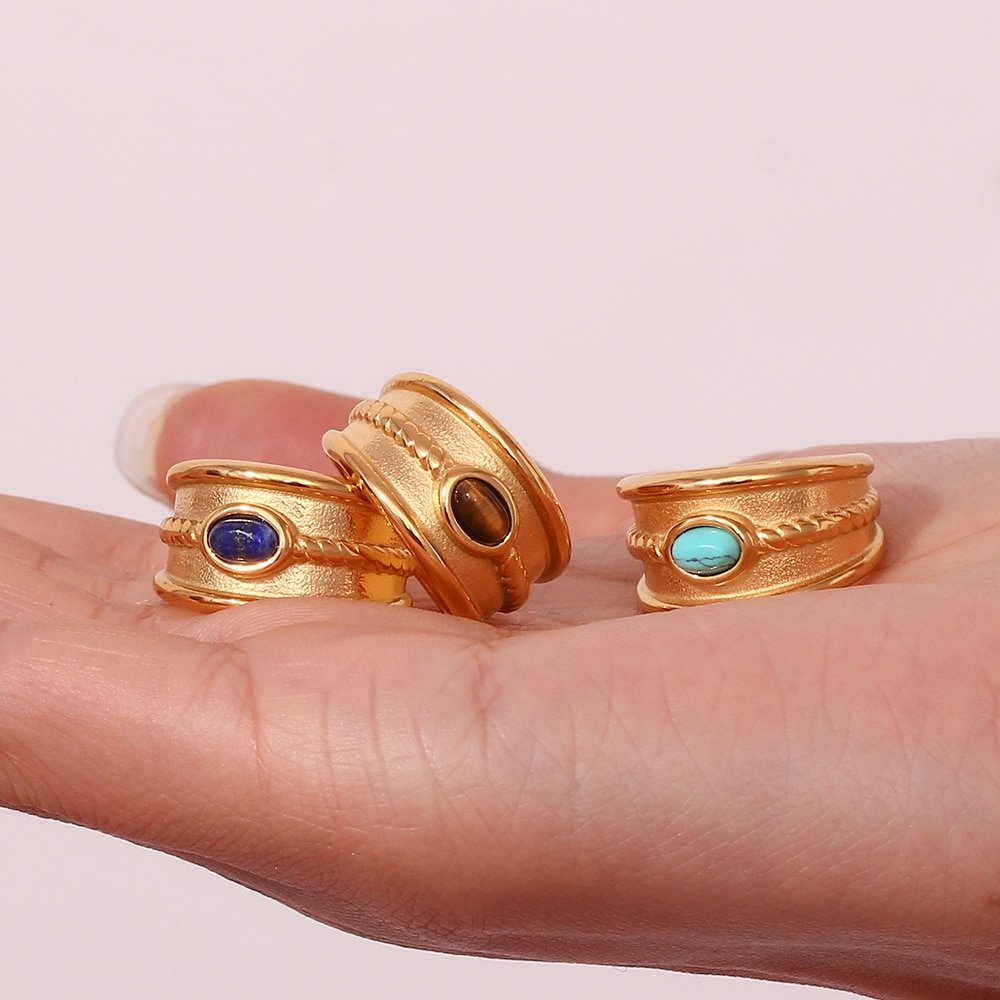 Bohemian gemstone chunky gold rings.