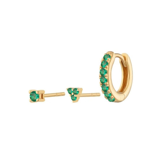 3 Piece Earring Set in Gold with green CZ stones.
