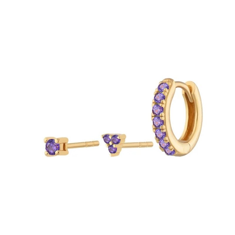 3 Piece Earring Set in Gold with purple CZ stones.