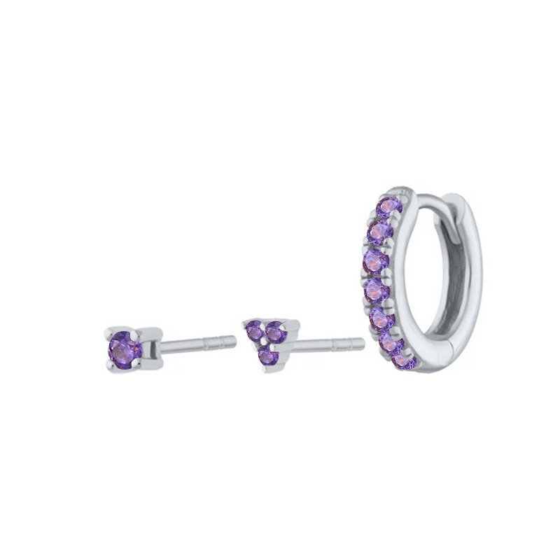 3 Piece Earring Set in Silver with purple CZ stones.