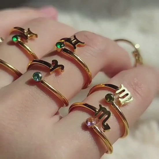 A video showing the Zodiac Sign Birthstone Gold Ring.