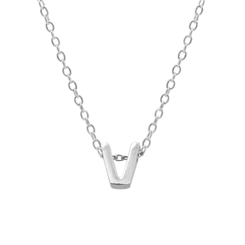 Silver Initial Charm Necklace, Letter V.