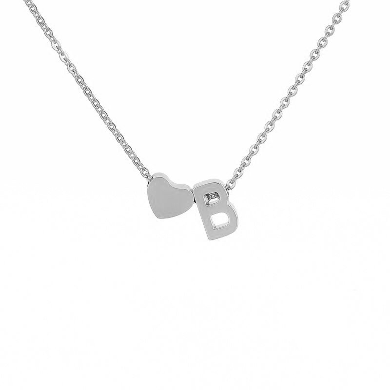 Silver Heart Initial Necklace, letter B.