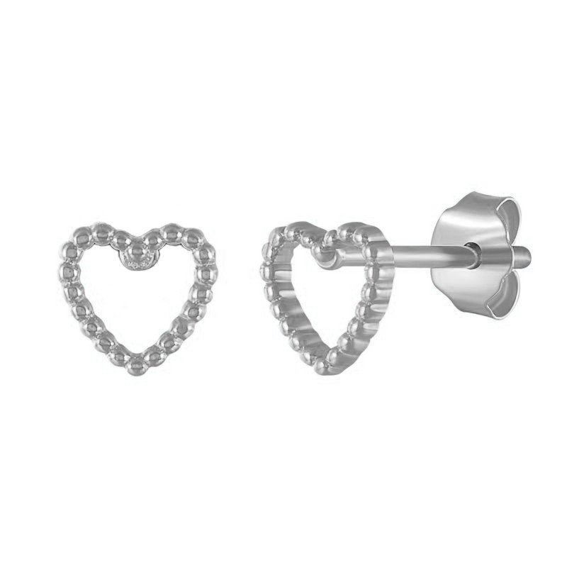 Tiny silver beaded heart outline stud earrings.