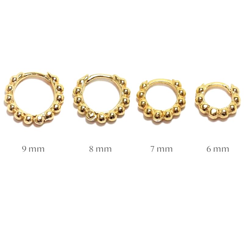 Gold beaded huggies in 6mm, 7mm, 8mm, and 9mm.