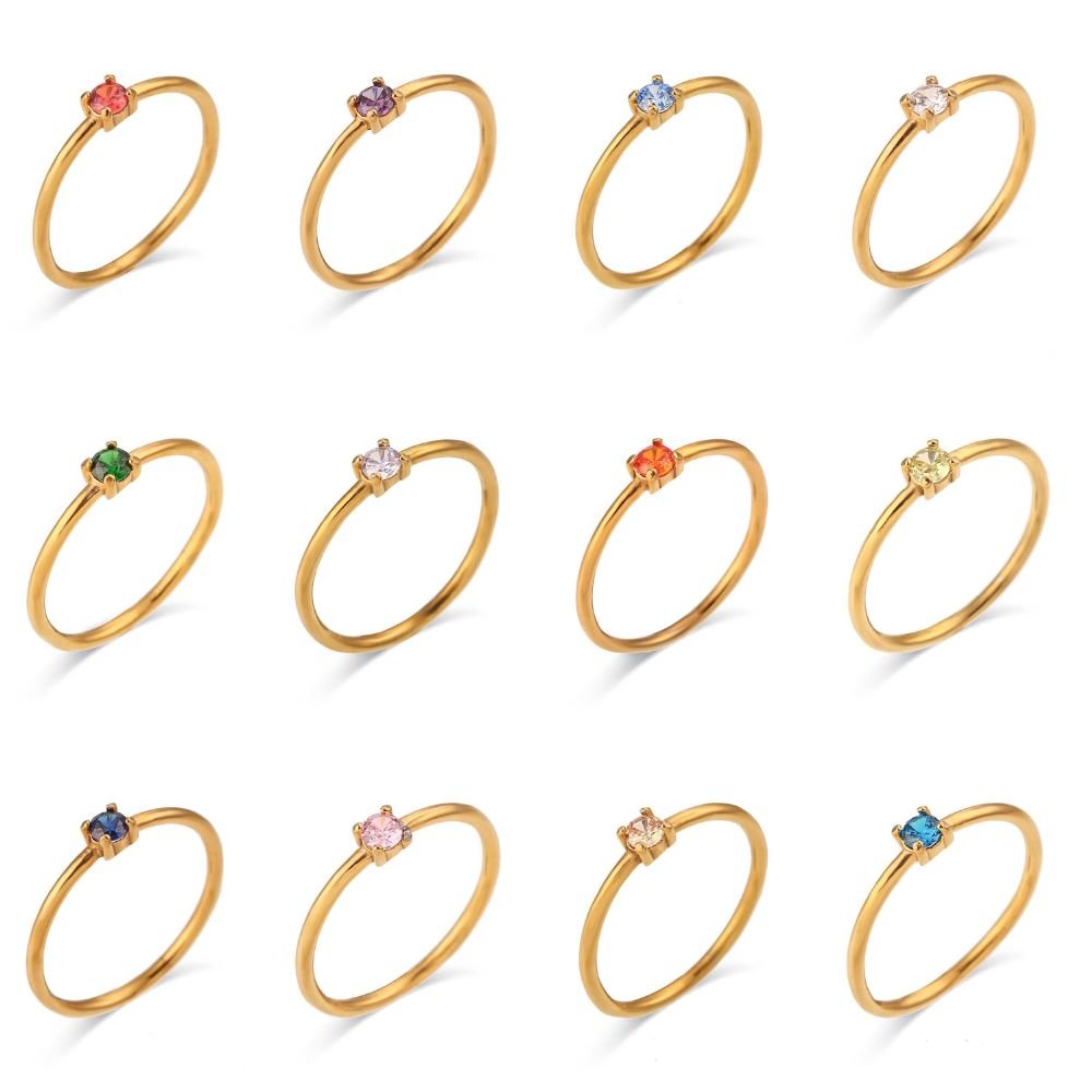 Tweleve Birthstone CZ Gold Stacking Rings.