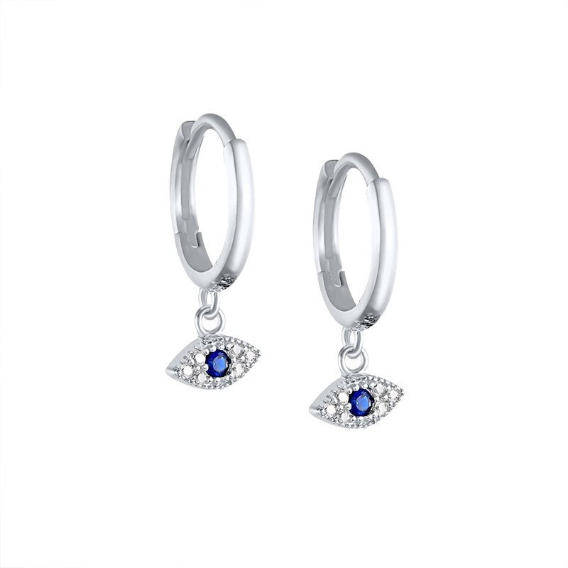 Blue CZ Evil Eye Huggies in silver.