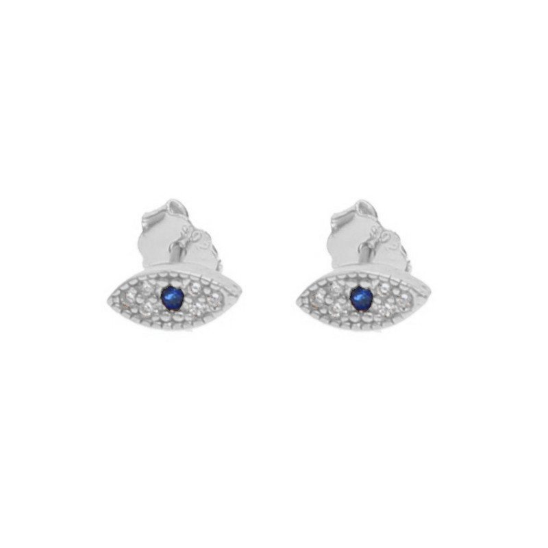 Blue CZ Evil Eye Studs in silver.