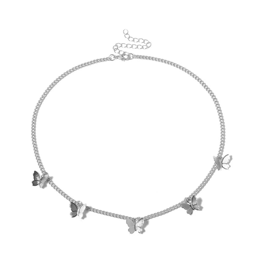 A silver choker with five butterfly charms.