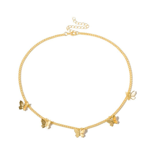 Gold necklace with five butterfly charms.