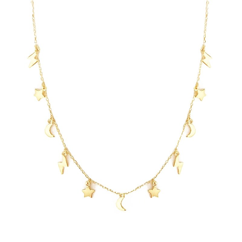 Delicate gold necklace with moon, stars, and lightning bolt charms.