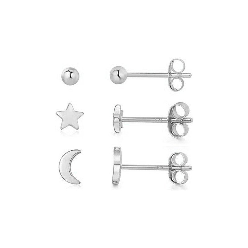 Tiny silver moon and star stud earring set.