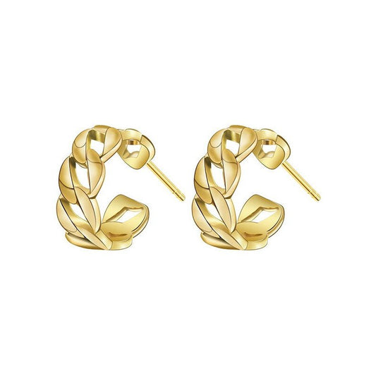 Gold chain link hoop earrings.