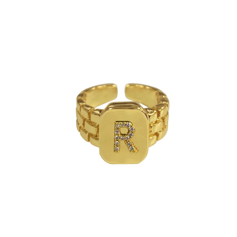 Valentine Adjustable Initial Letter R ring for girl Couple Brass Gold Ring