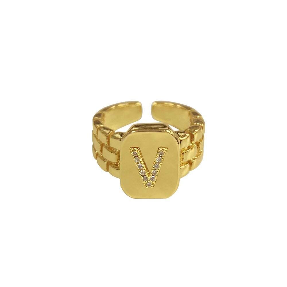 Chunky Gold Initial Ring, letter V.