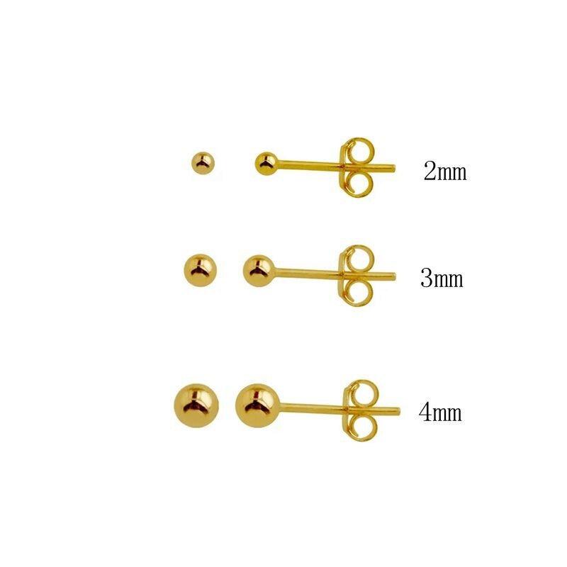 Gold ball stud earrings in three sizes.