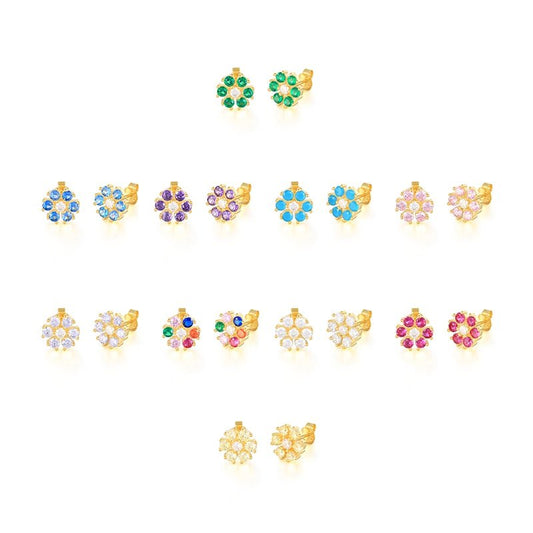 Ten Colorful CZ Flower Studs.