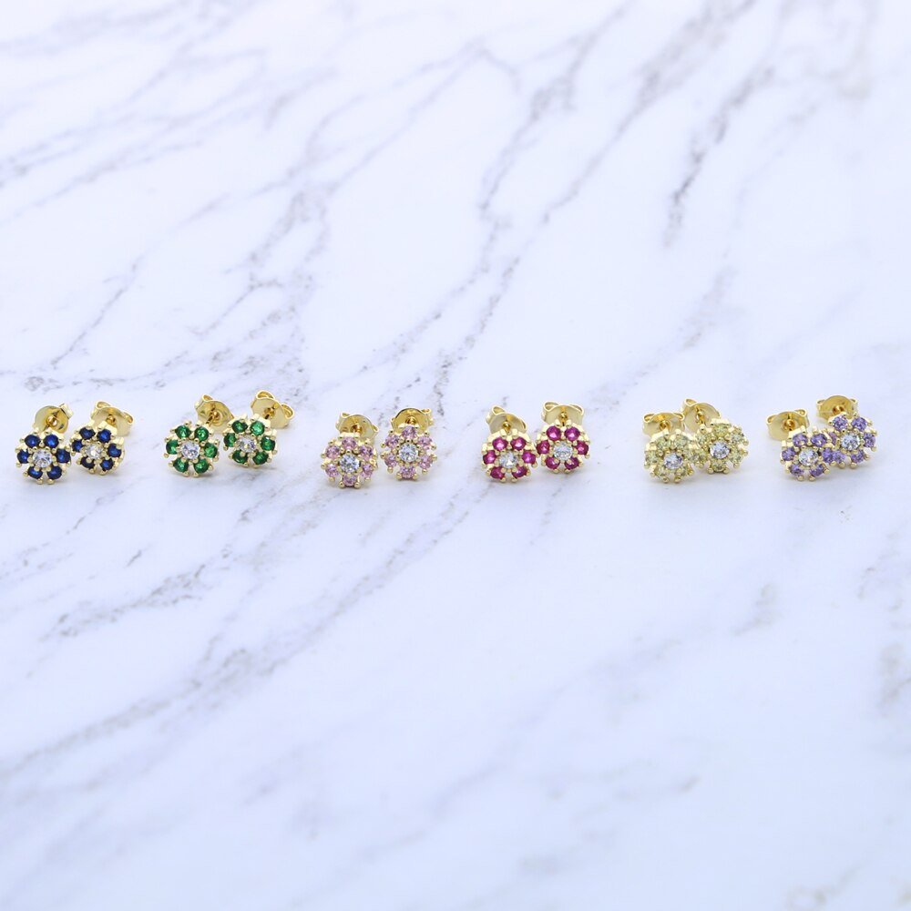 Six pairs of Colorful CZ Flower Studs.