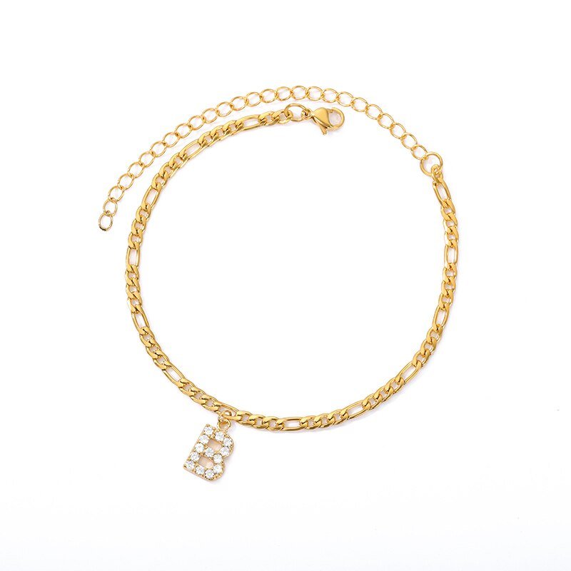 Gold CZ Intial Anklet, Letter B.