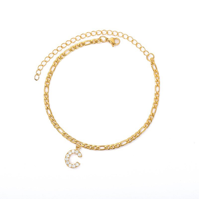 Gold Crystal Intial Anklet, Letter C