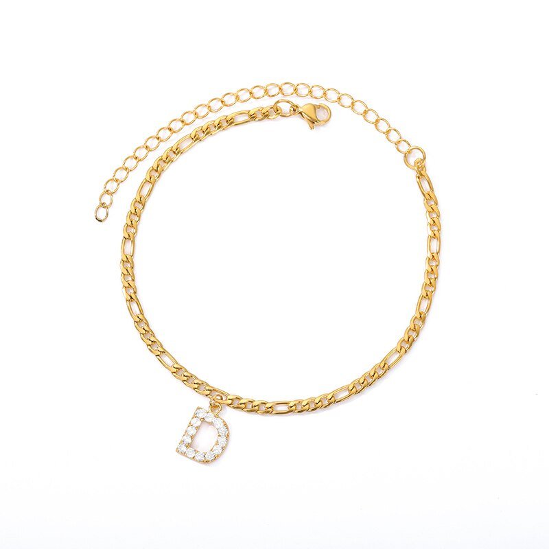 Gold CZ Intial Anklet, Letter D.