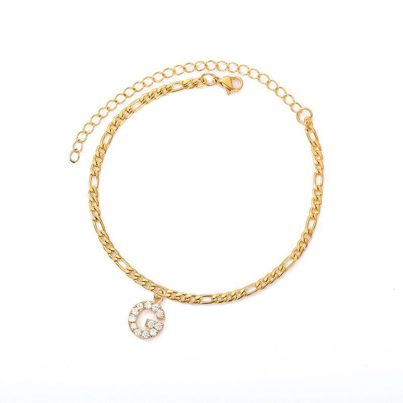 Gold CZ Intial Anklet, Letter G.