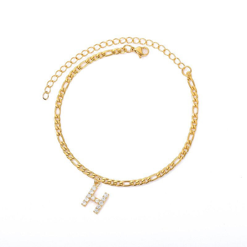 Gold Crystal Intial Anklet, Letter H.