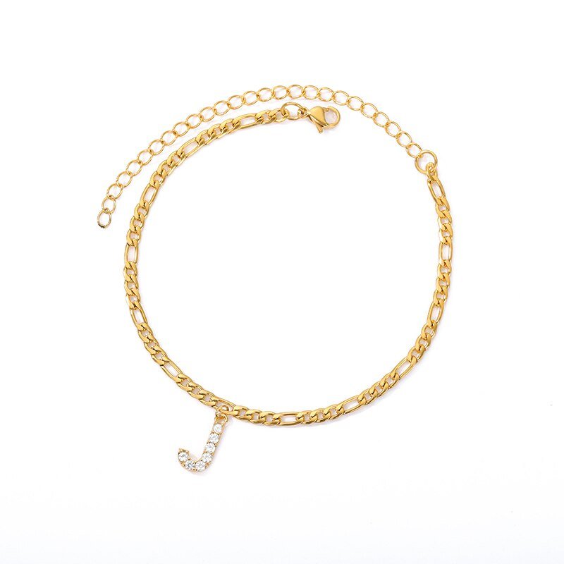 Gold CZ Intial Anklet, Letter J.