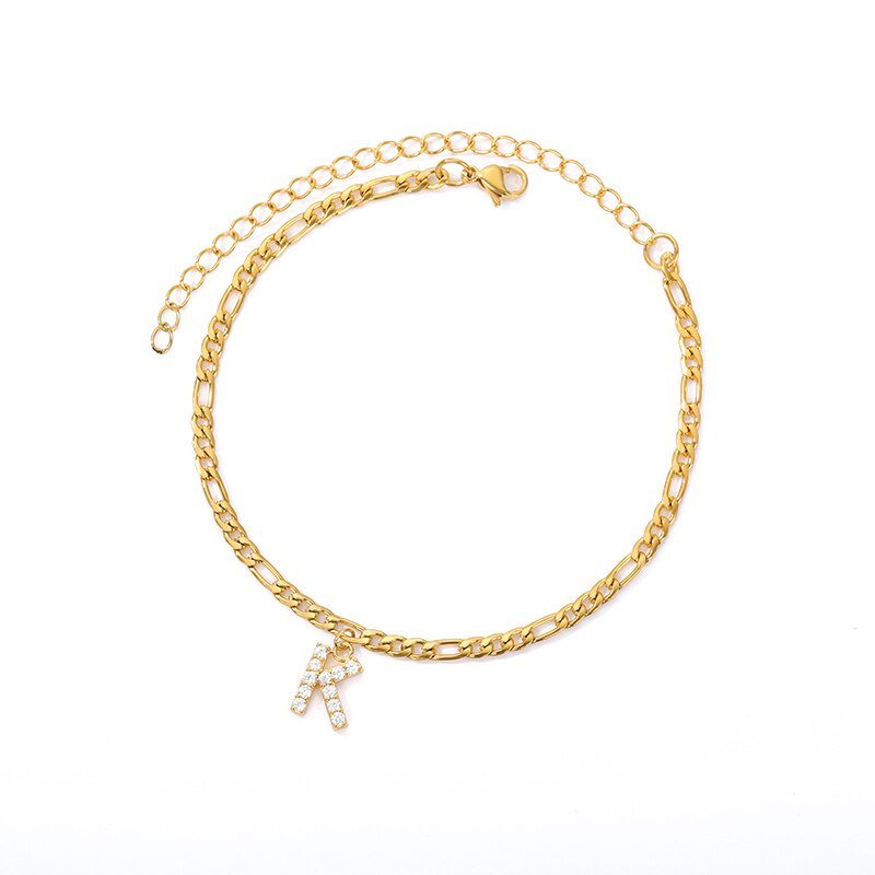 Gold Crystal Intial Anklet, Letter K.