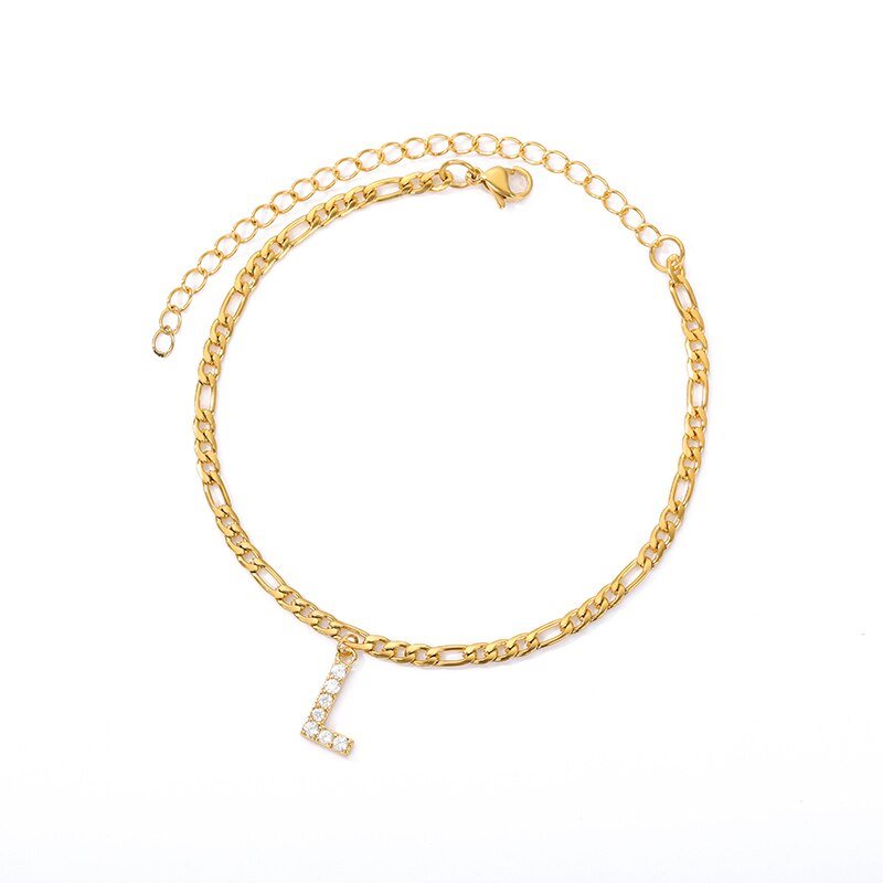 Gold Crystal Intial Anklet, Letter L.