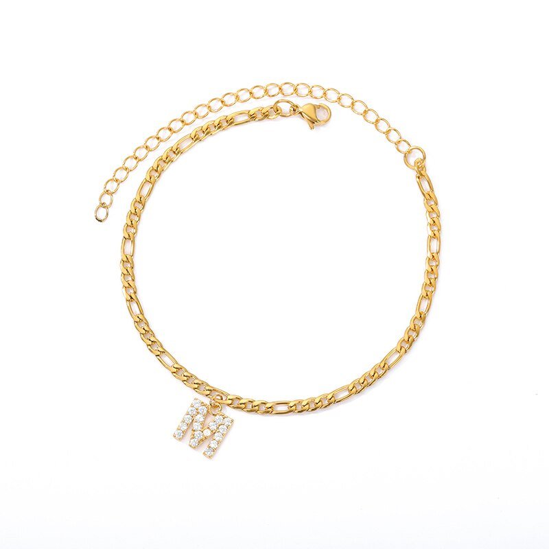 Gold CZ Intial Anklet, Letter M.