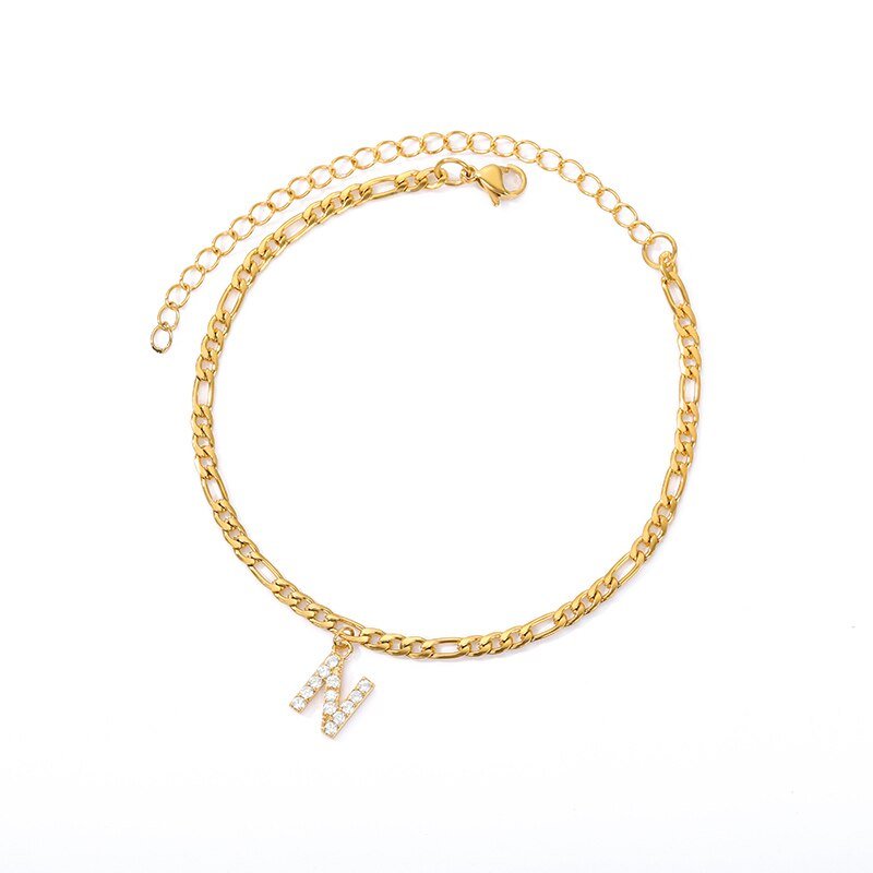 Gold Crystal Intial Anklet, Letter N.